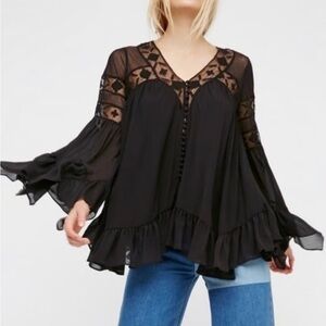 Free People  Black Pleated Long Sleeve Boho Blouse Medium